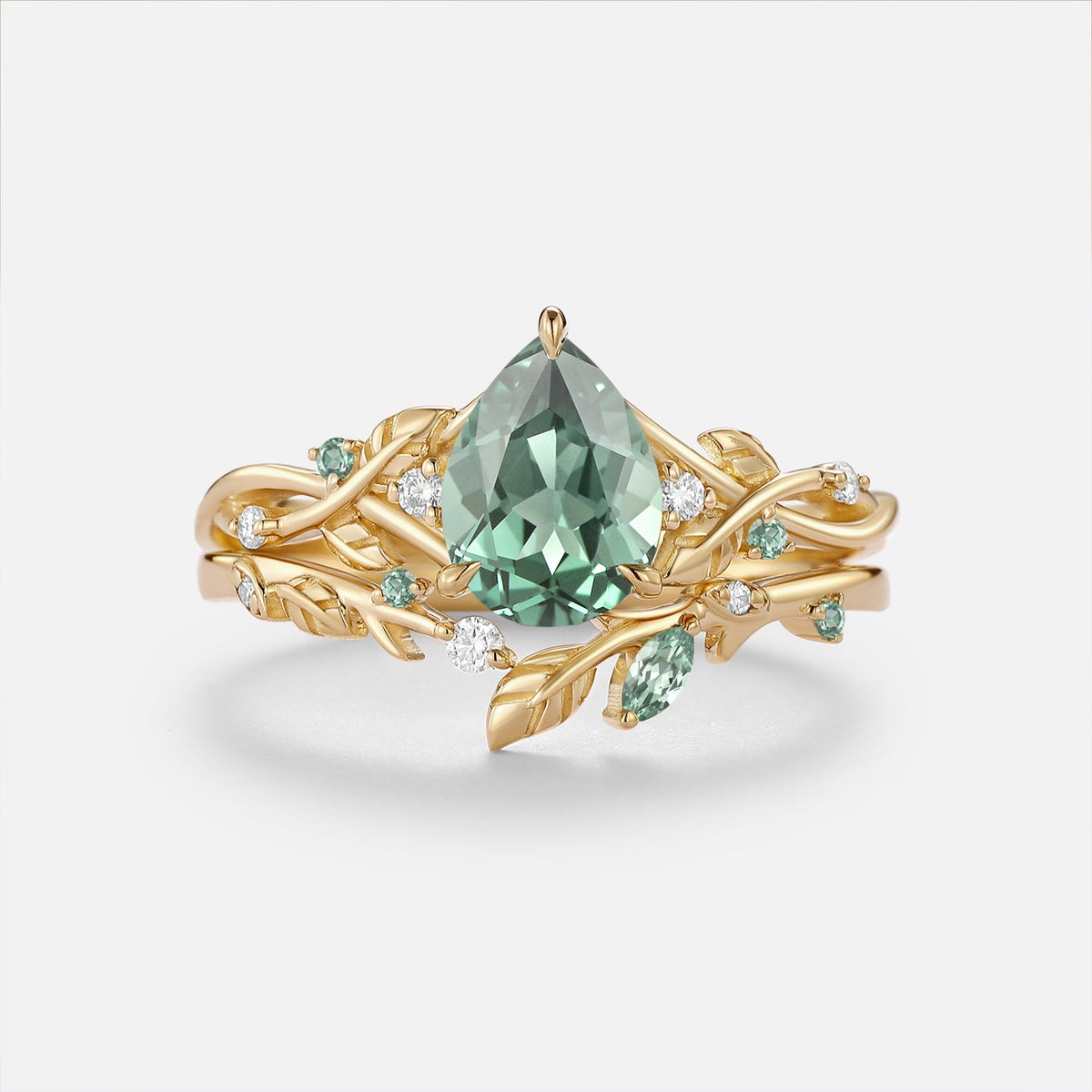 Pear Cut Lab Green Sapphire Leaf Vintage Engagement Ring Sets - Prism