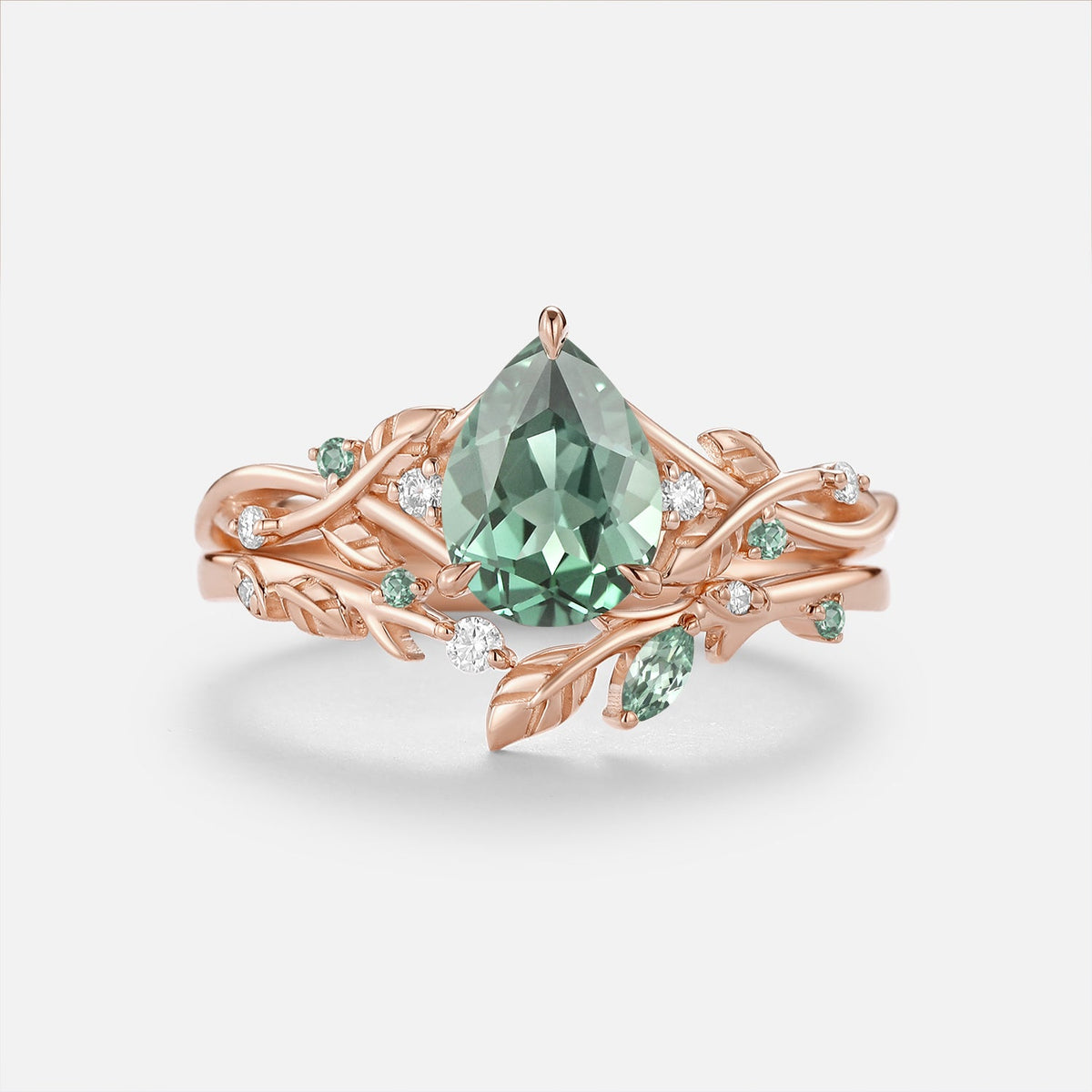 Pear Cut Lab Green Sapphire Leaf Vintage Engagement Ring Sets - Prism