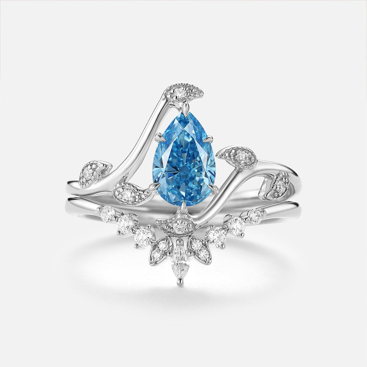 Pear Blue Lab Grown Diamond Leaf Vintage Ring Set 2pcs - Tide