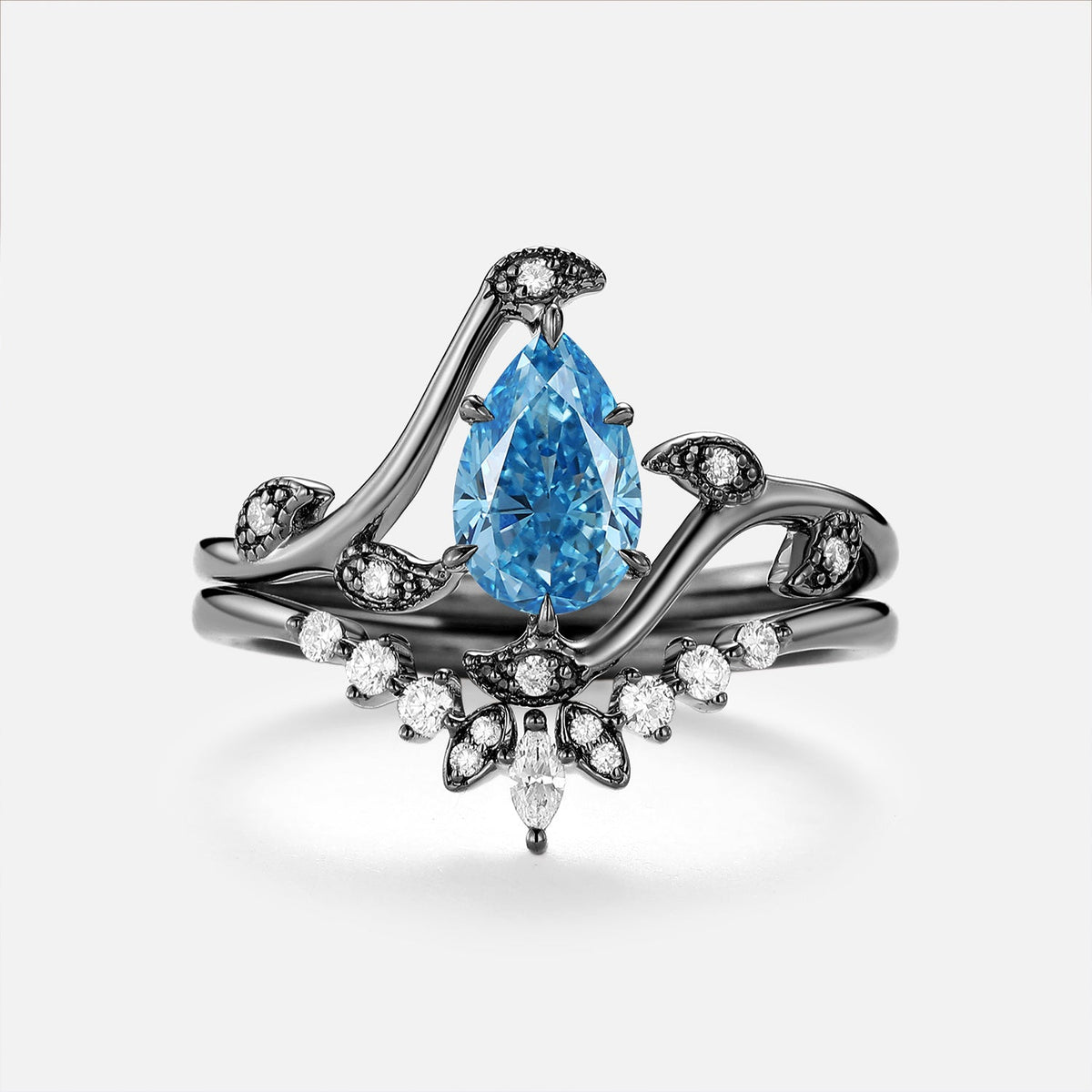 Pear Blue Lab Grown Diamond Leaf Vintage Ring Set 2pcs - Tide