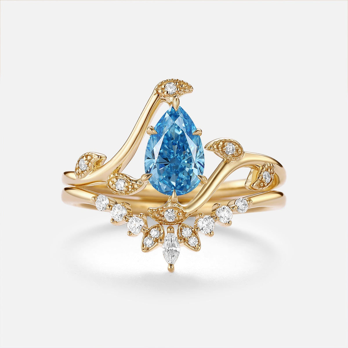 Pear Blue Lab Grown Diamond Leaf Vintage Ring Set 2pcs - Tide