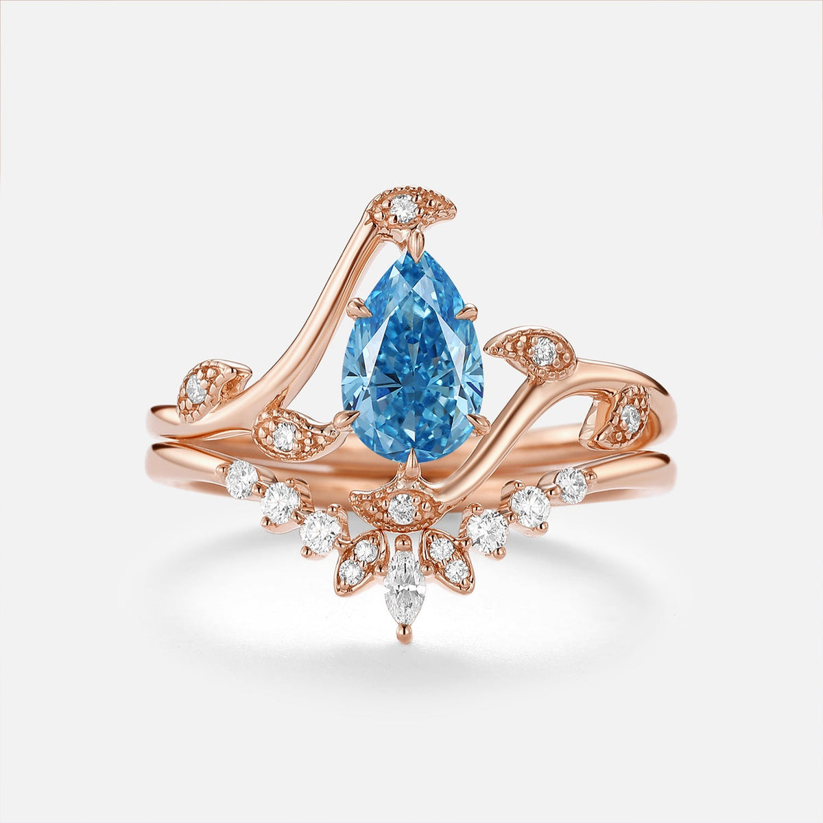 Pear Blue Lab Grown Diamond Leaf Vintage Ring Set 2pcs - Tide