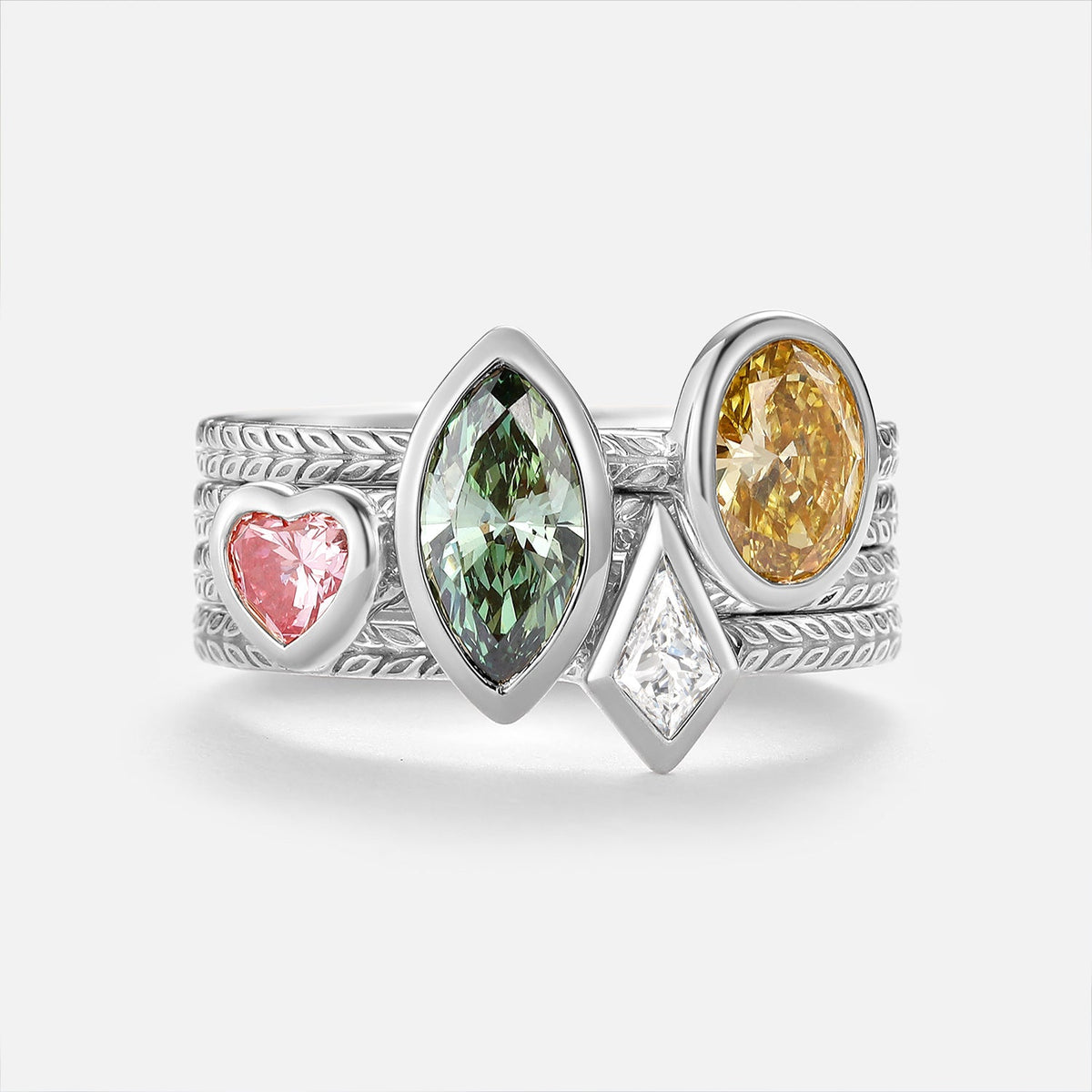 Marquise Multi-Color Lab Grown Diamond Bezel Engraved Stack Engagement Ring Set 4pcs - Talise