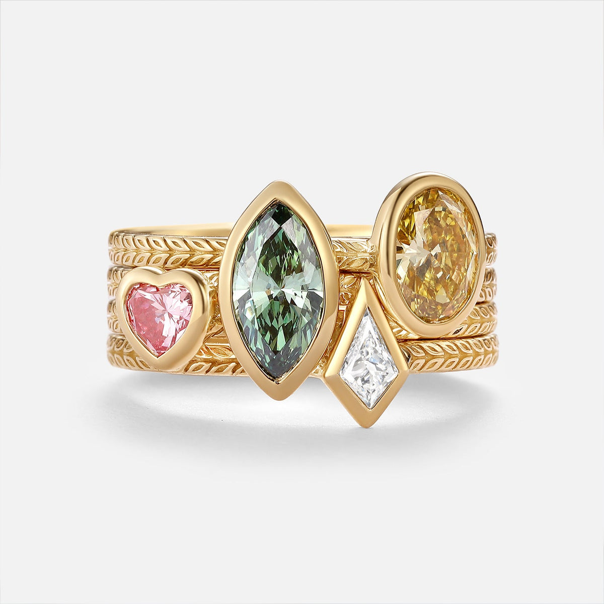 Marquise Multi-Color Lab Grown Diamond Bezel Engraved Stack Engagement Ring Set 4pcs - Talise