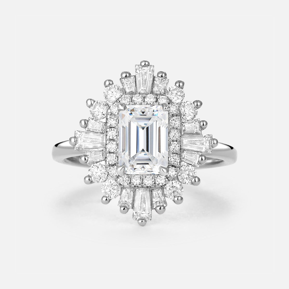 Art Deco Emerald Cut Moissanite Stacking Halo Engagement Ring - Isadora