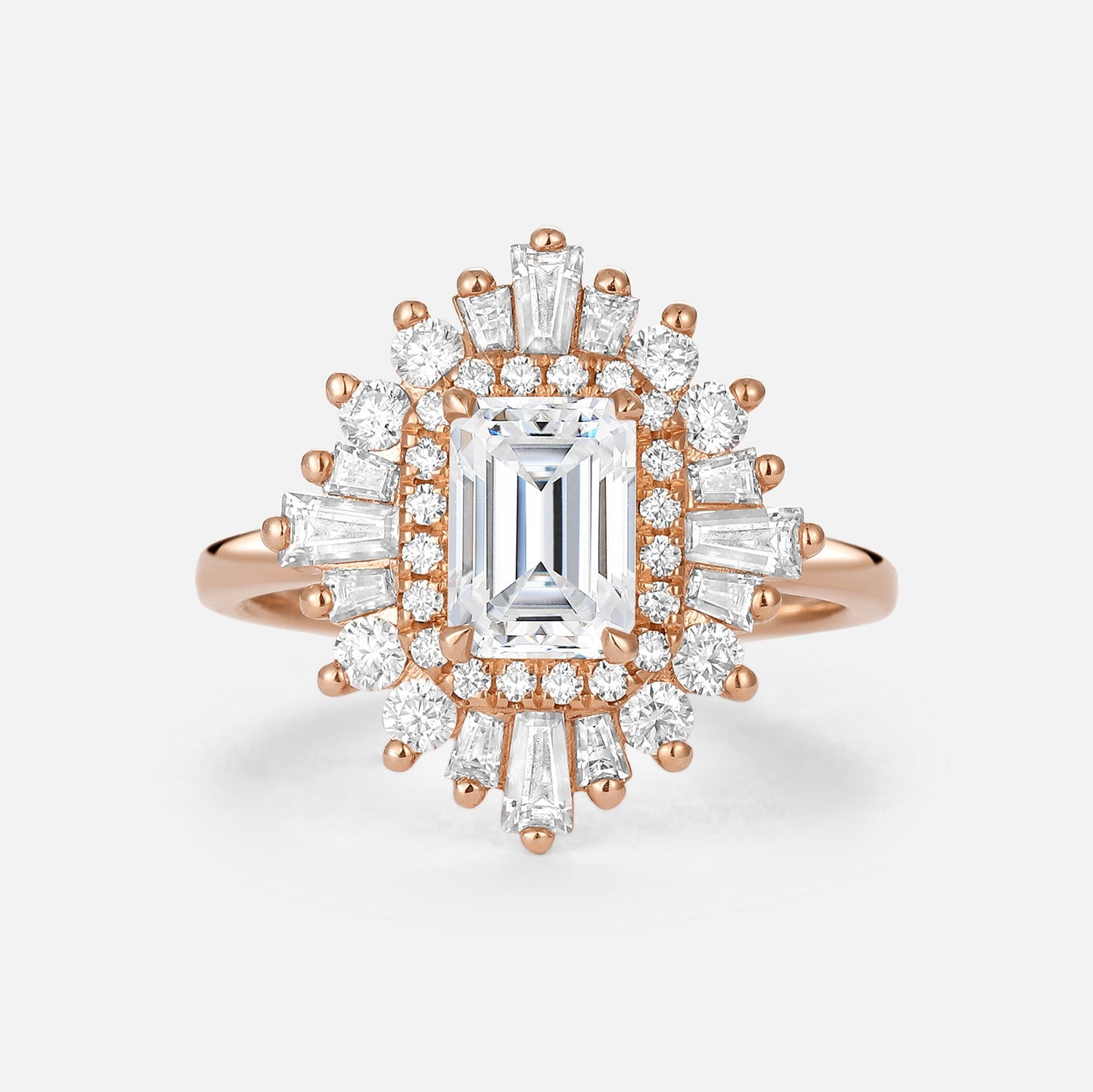 Art Deco Emerald Cut Moissanite Stacking Halo Engagement Ring - Isadora