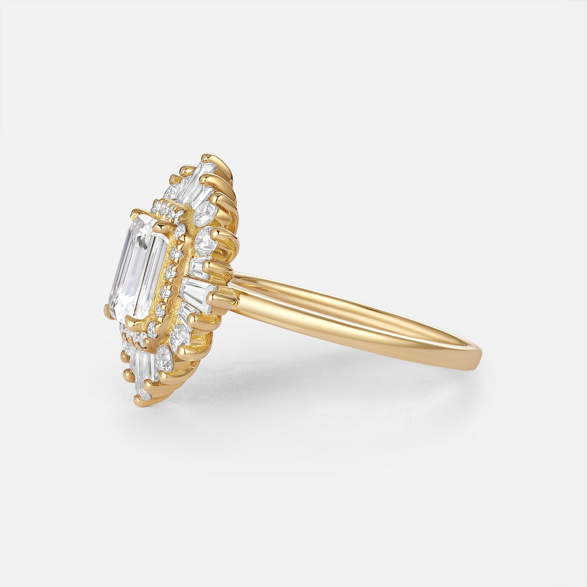 Art Deco Emerald Cut Moissanite Stacking Halo Engagement Ring - Isadora