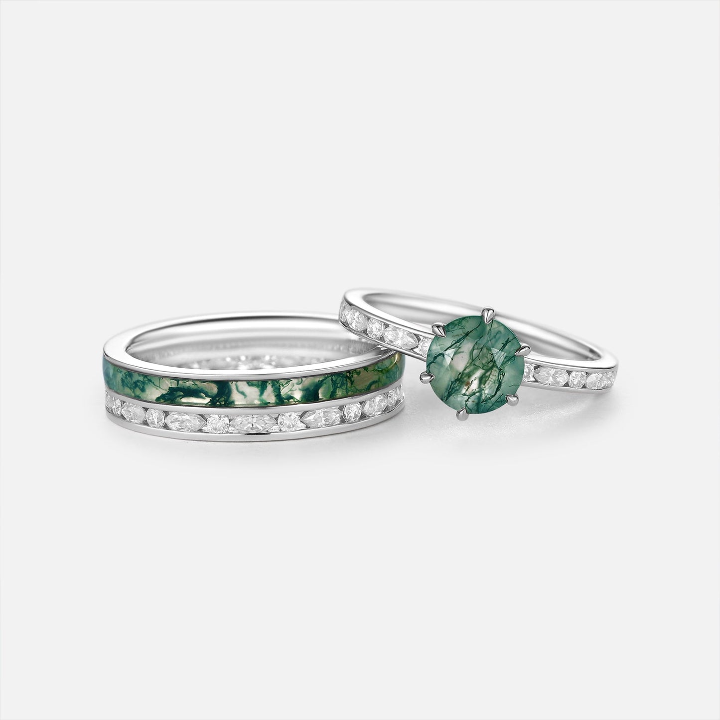 Nature Inspired - Round Cut Moss Agate Pave Couple Ring Set 2pcs - Petal