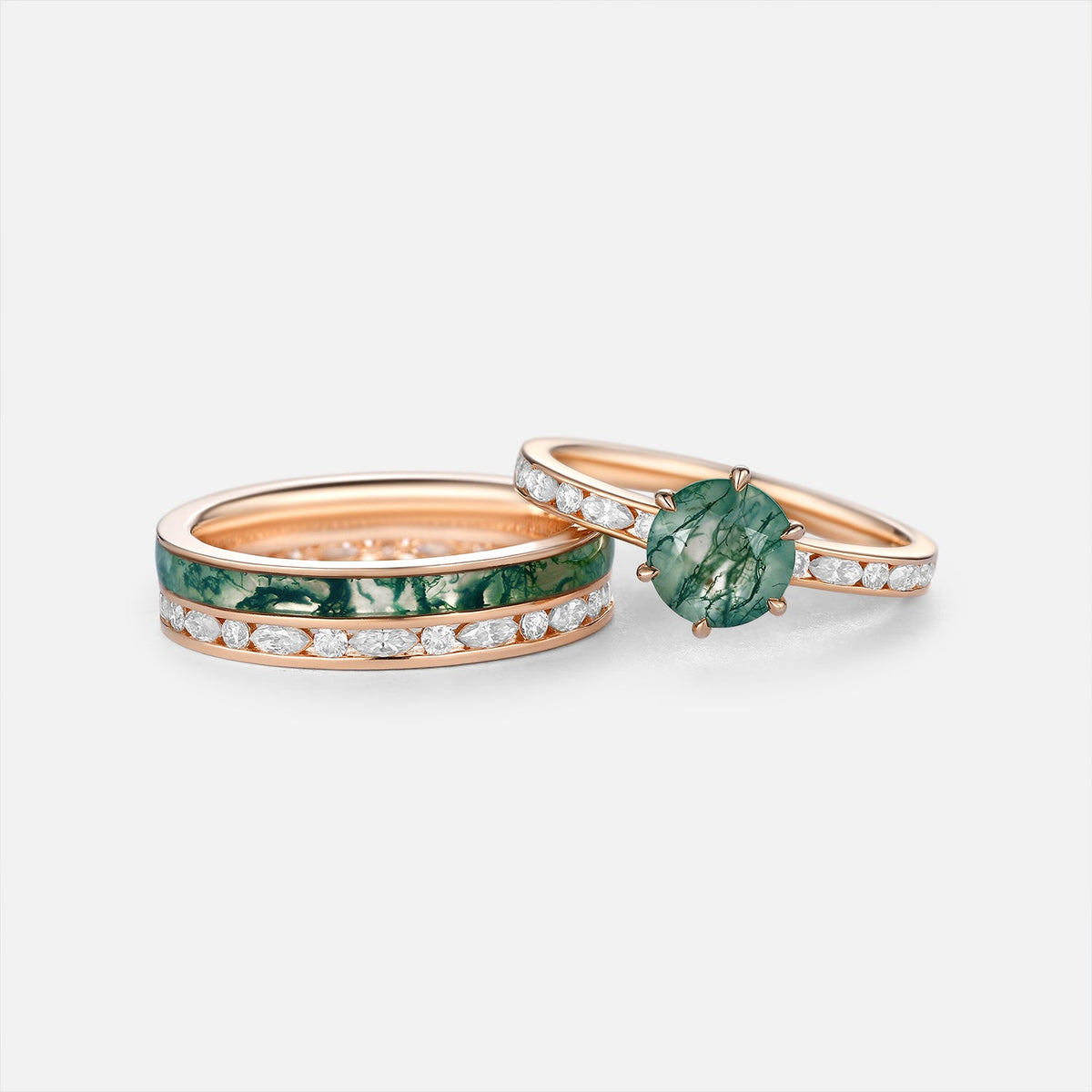 Nature Inspired - Round Cut Moss Agate Pave Couple Ring Set 2pcs - Petal