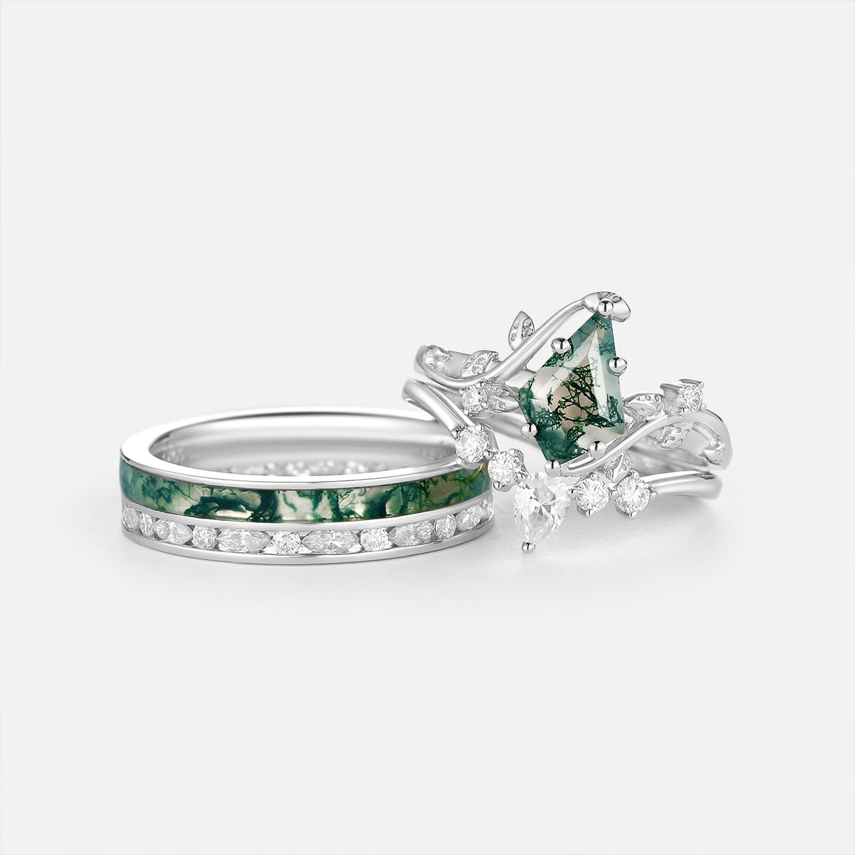 Nature Inspired - Kite Cut Moss Agate Leafy Couple Ring Set 3pcs - Luma