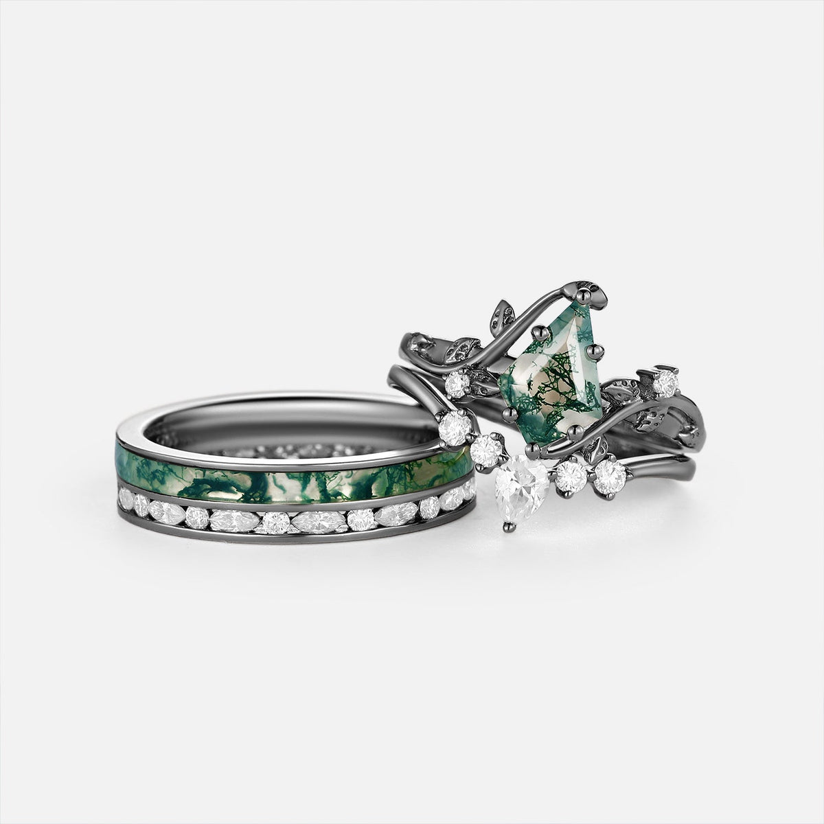 Nature Inspired - Kite Cut Moss Agate Leafy Couple Ring Set 3pcs - Luma