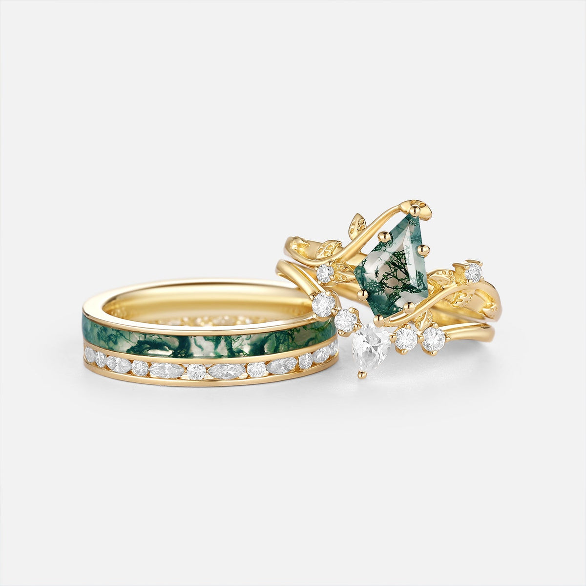 Nature Inspired - Kite Cut Moss Agate Leafy Couple Ring Set 3pcs - Luma