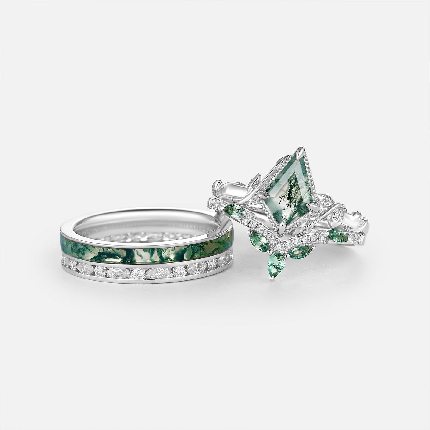 Nature Inspired - Kite Cut Moss Agate Bezel Couple Ring Set 3pcs - Solenne