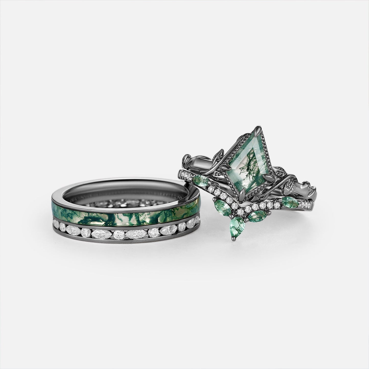 Nature Inspired - Kite Cut Moss Agate Bezel Couple Ring Set 3pcs - Solenne
