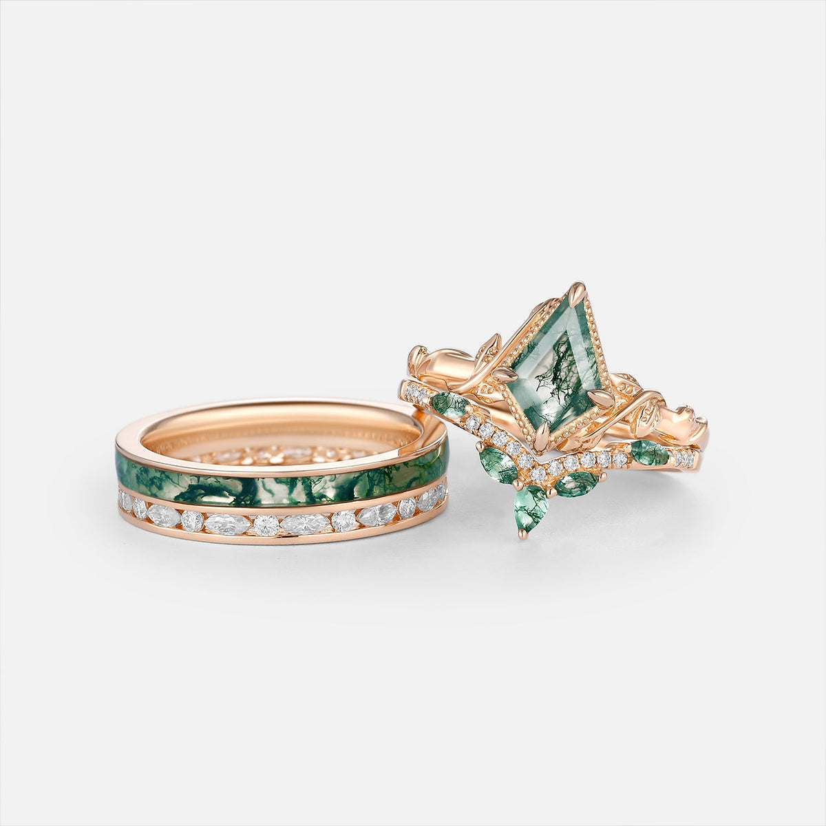 Nature Inspired - Kite Cut Moss Agate Bezel Couple Ring Set 3pcs - Solenne