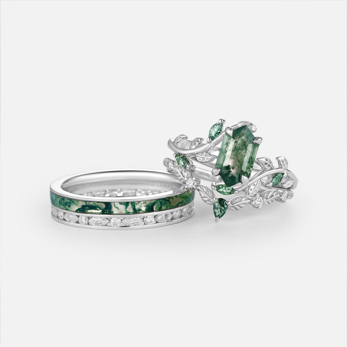 Nature Inspired - Long Hexagon Moss Agate Leafy Couple Ring Set 3pcs - Aldra