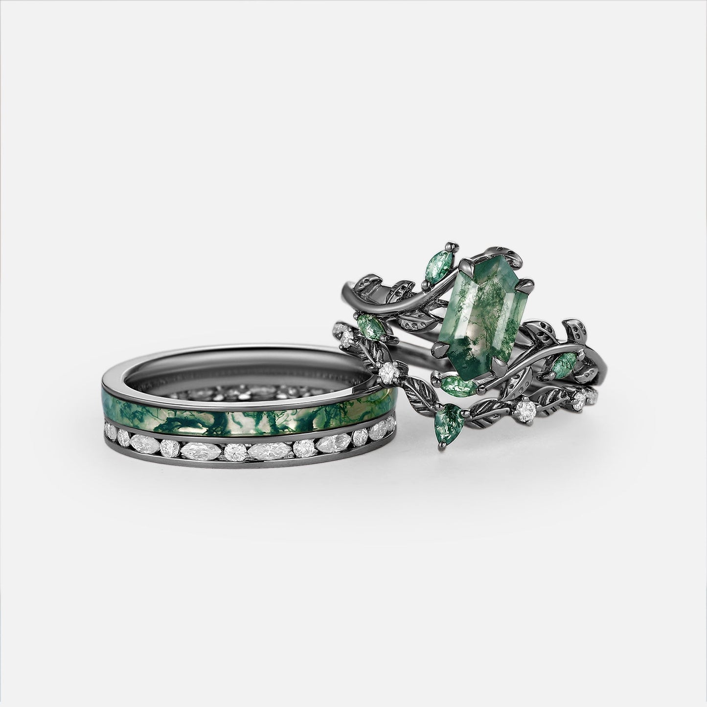 Nature Inspired - Long Hexagon Moss Agate Leafy Couple Ring Set 3pcs - Aldra