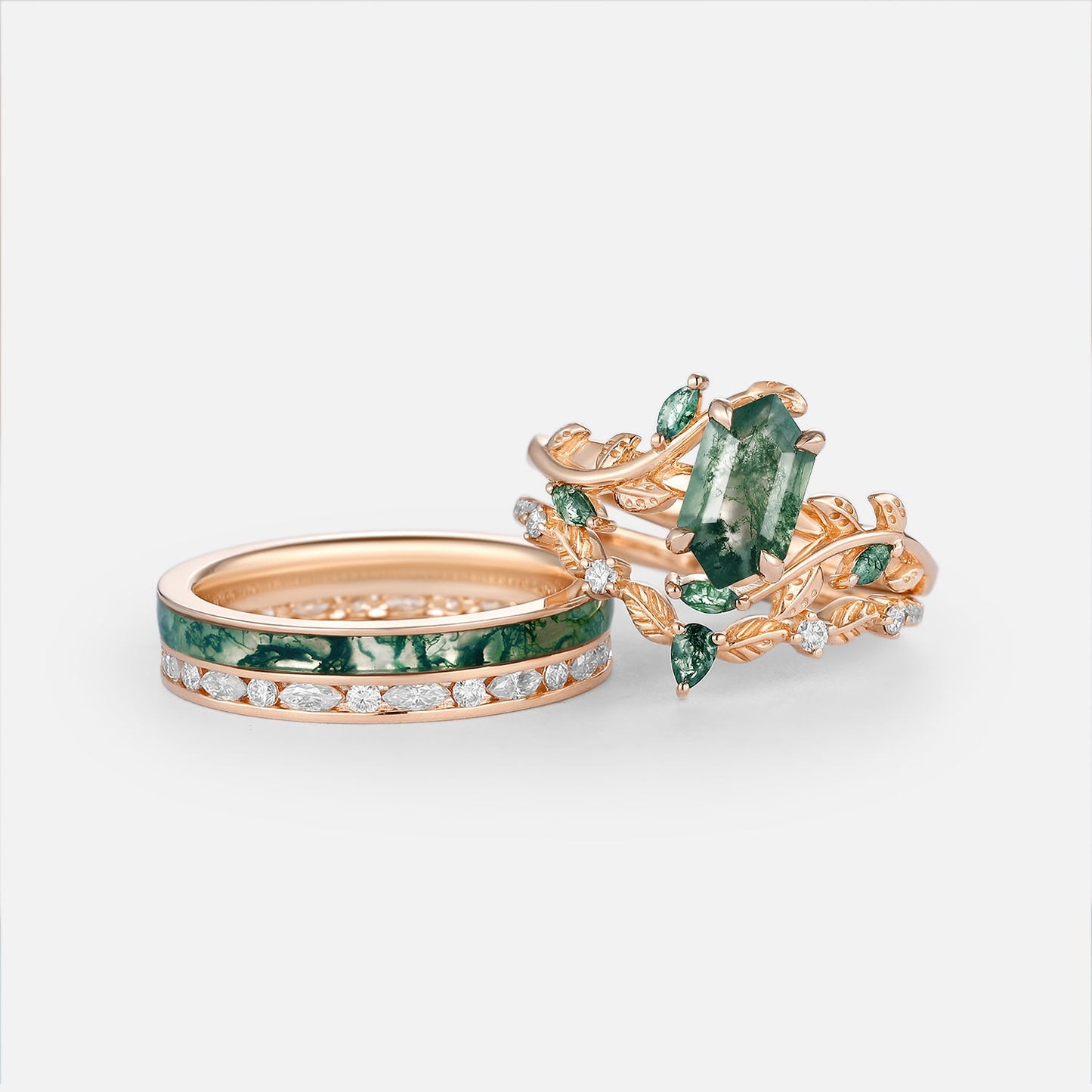 Nature Inspired - Long Hexagon Moss Agate Leafy Couple Ring Set 3pcs - Aldra