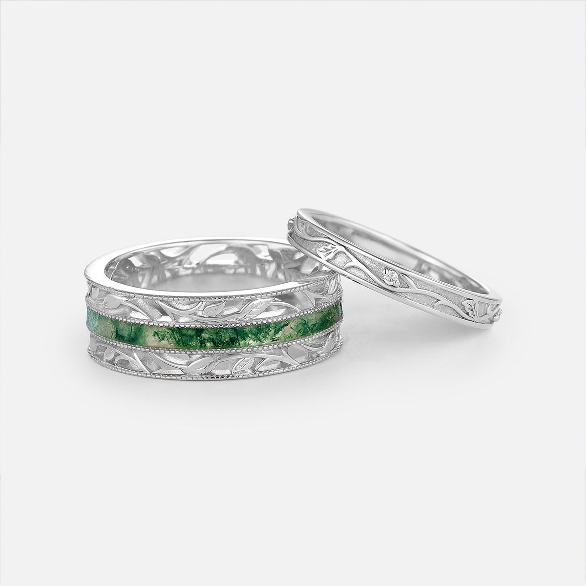 Minimalist Engraved Band Moss Agate Couple Ring Set 2pcs - Calico