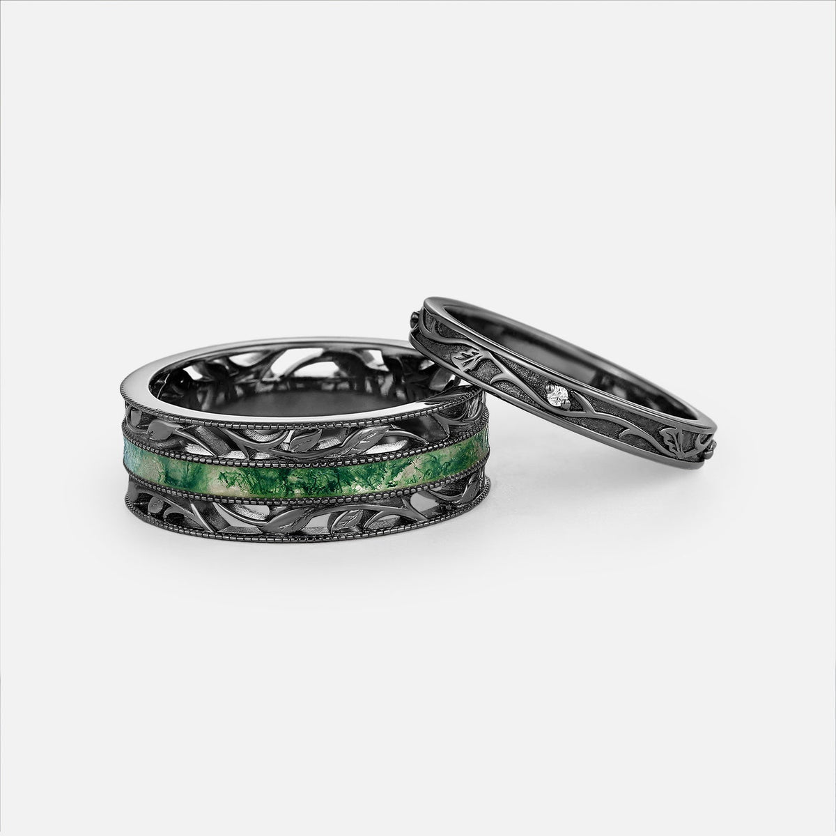 Minimalist Engraved Band Moss Agate Couple Ring Set 2pcs - Calico