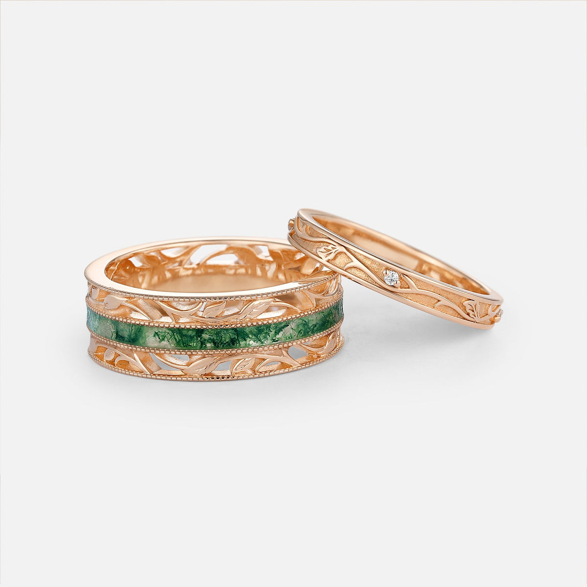 Minimalist Engraved Band Moss Agate Couple Ring Set 2pcs - Calico