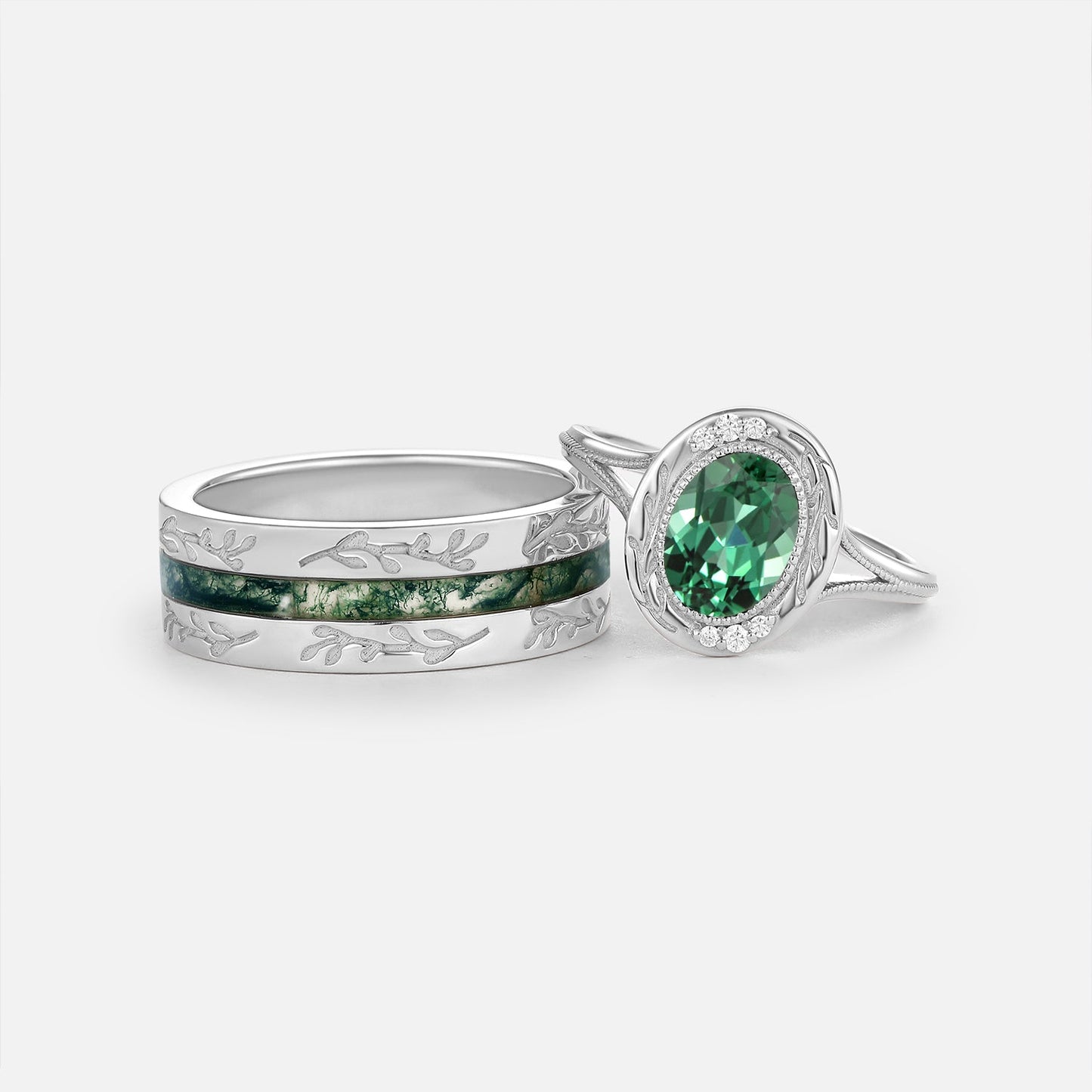 Oval Cut Lab Green Sapphire & Moss Agate Engraved Bezel Couple Ring Set 2pcs - Cascade