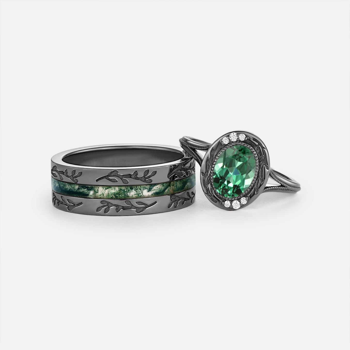 Oval Cut Lab Green Sapphire & Moss Agate Engraved Bezel Couple Ring Set 2pcs - Cascade
