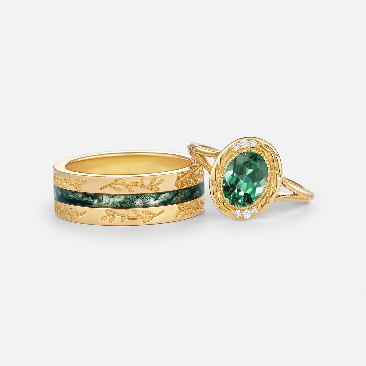 Oval Cut Lab Green Sapphire & Moss Agate Engraved Bezel Couple Ring Set 2pcs - Cascade