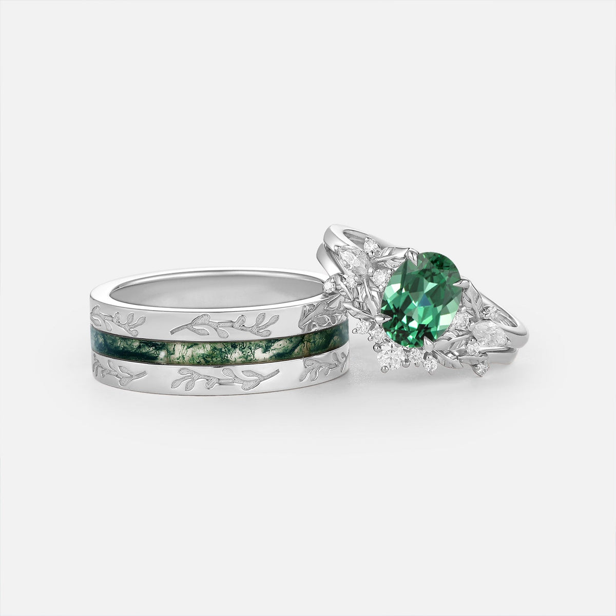 Oval Cut Lab Green Sapphire & Moss Agate Engraved Leafy Couple Ring Set 3pcs - Sedona