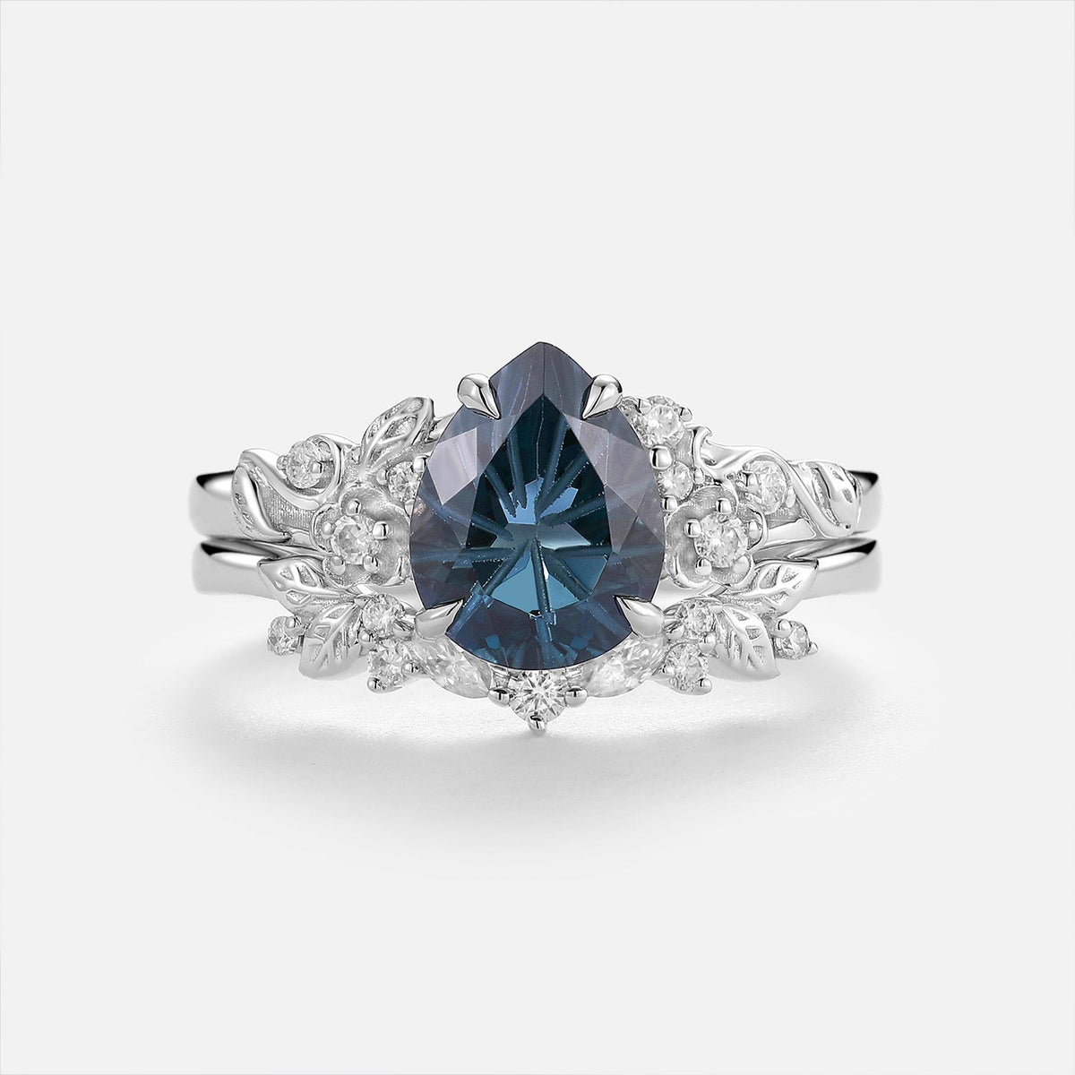 Pear Cut Firework London Blue Topaz Flower Dainty Engagement Ring Sets 2pcs - Suffix
