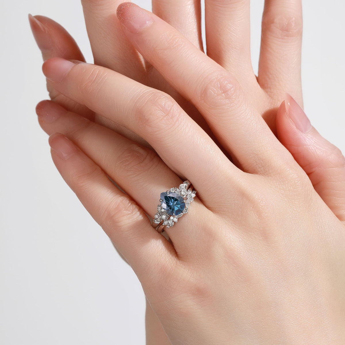Pear Cut Firework London Blue Topaz Flower Dainty Engagement Ring Sets 2pcs - Suffix
