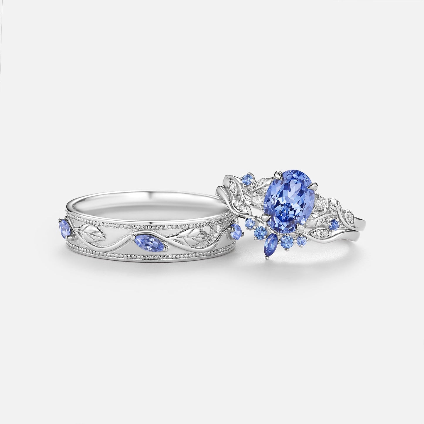 Oval Cut Lab Cornflower Sapphire & Lab Cornflower Sapphire Leafy Couple Ring Sets - Anouk