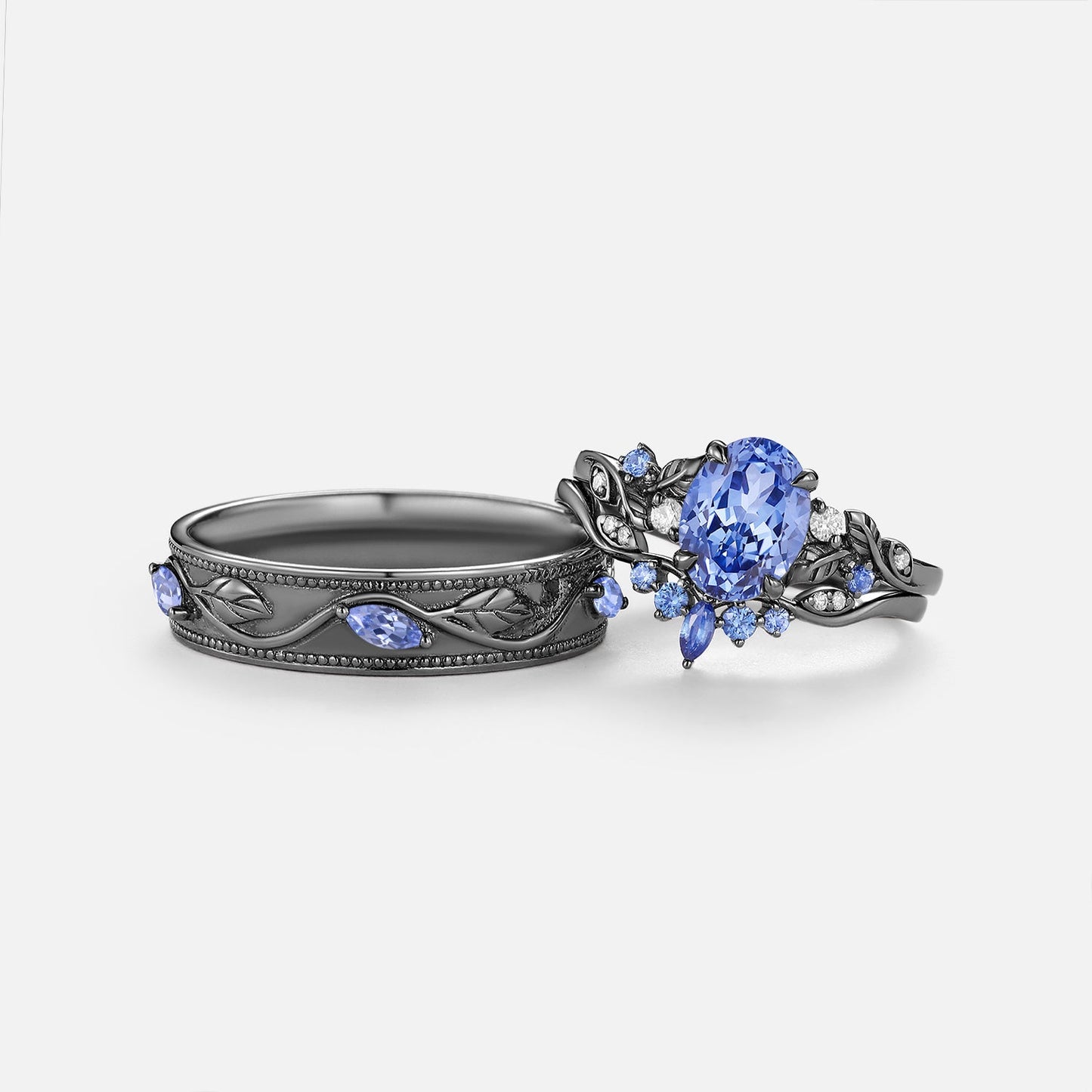 Oval Cut Lab Cornflower Sapphire & Lab Cornflower Sapphire Leafy Couple Ring Sets - Anouk