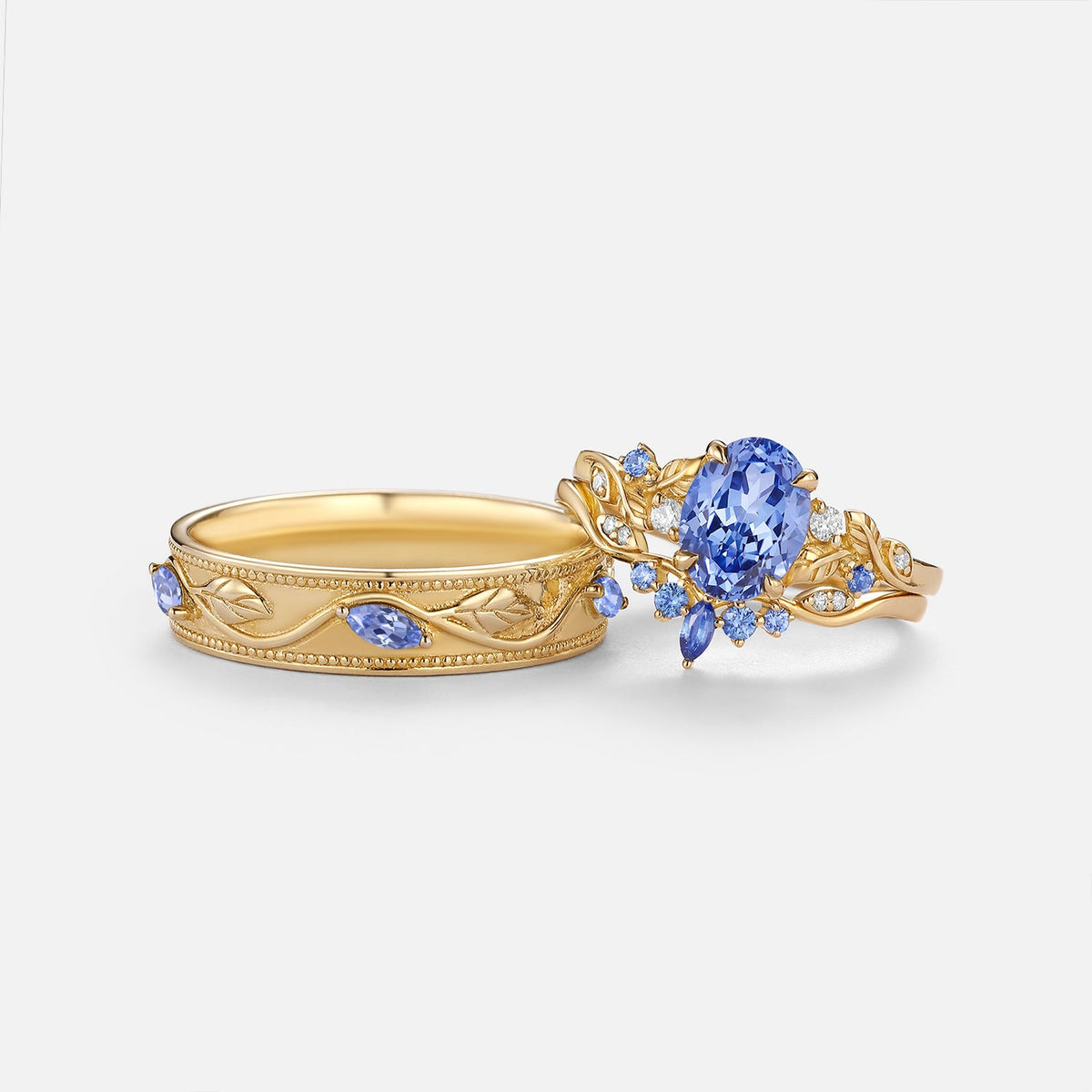 Oval Cut Lab Cornflower Sapphire & Lab Cornflower Sapphire Leafy Couple Ring Sets - Anouk