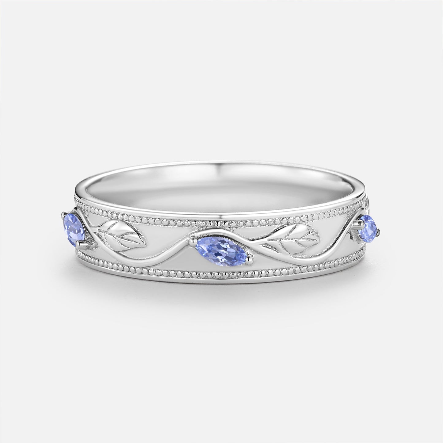 Oval Cut Lab Cornflower Sapphire & Lab Cornflower Sapphire Leafy Couple Ring Sets - Anouk
