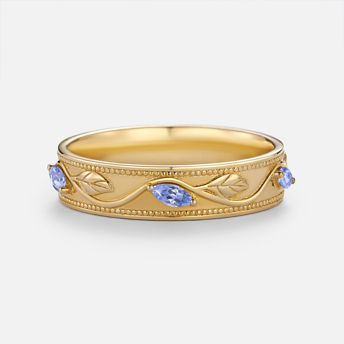Oval Cut Lab Cornflower Sapphire & Lab Cornflower Sapphire Leafy Couple Ring Sets - Anouk