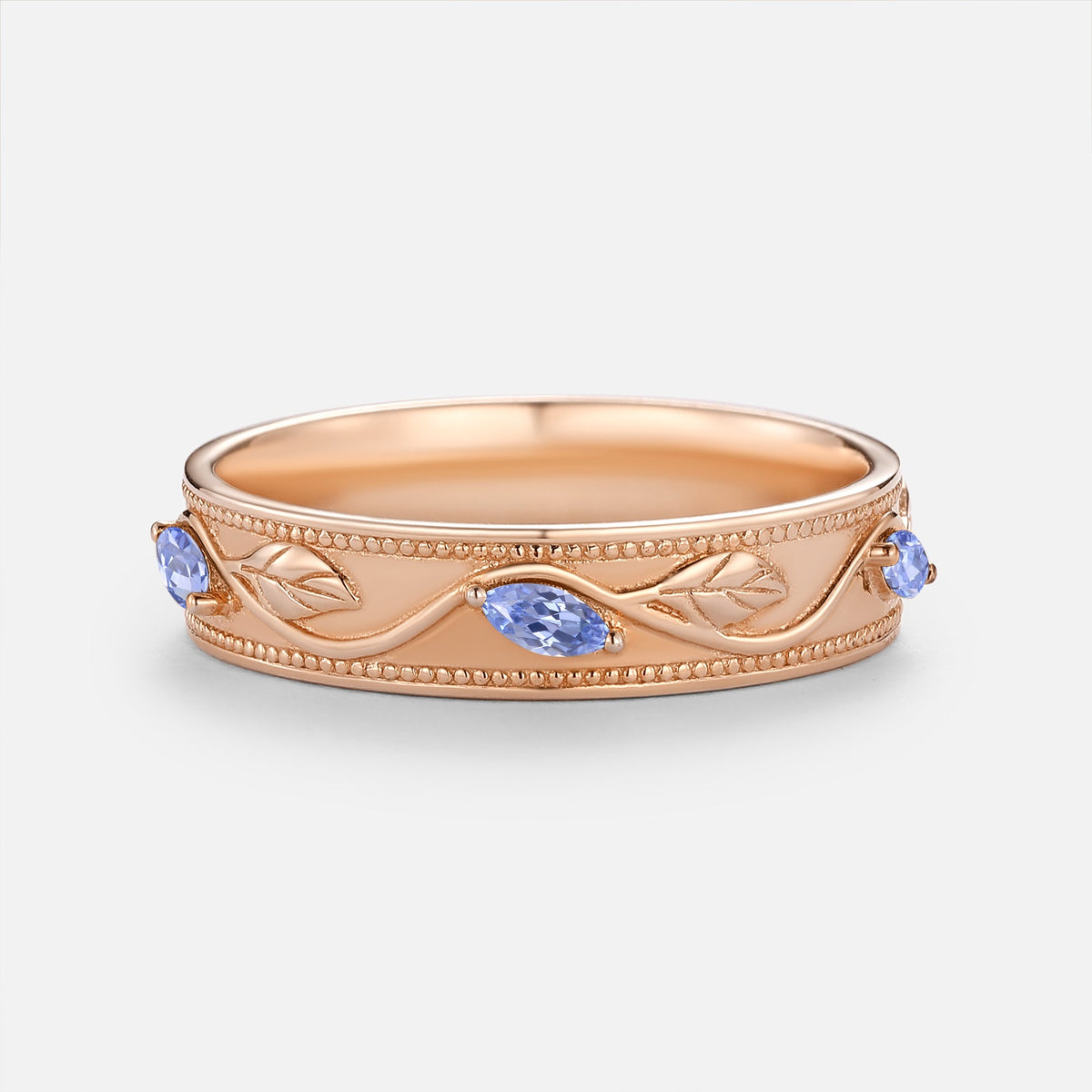 Oval Cut Lab Cornflower Sapphire & Lab Cornflower Sapphire Leafy Couple Ring Sets - Anouk