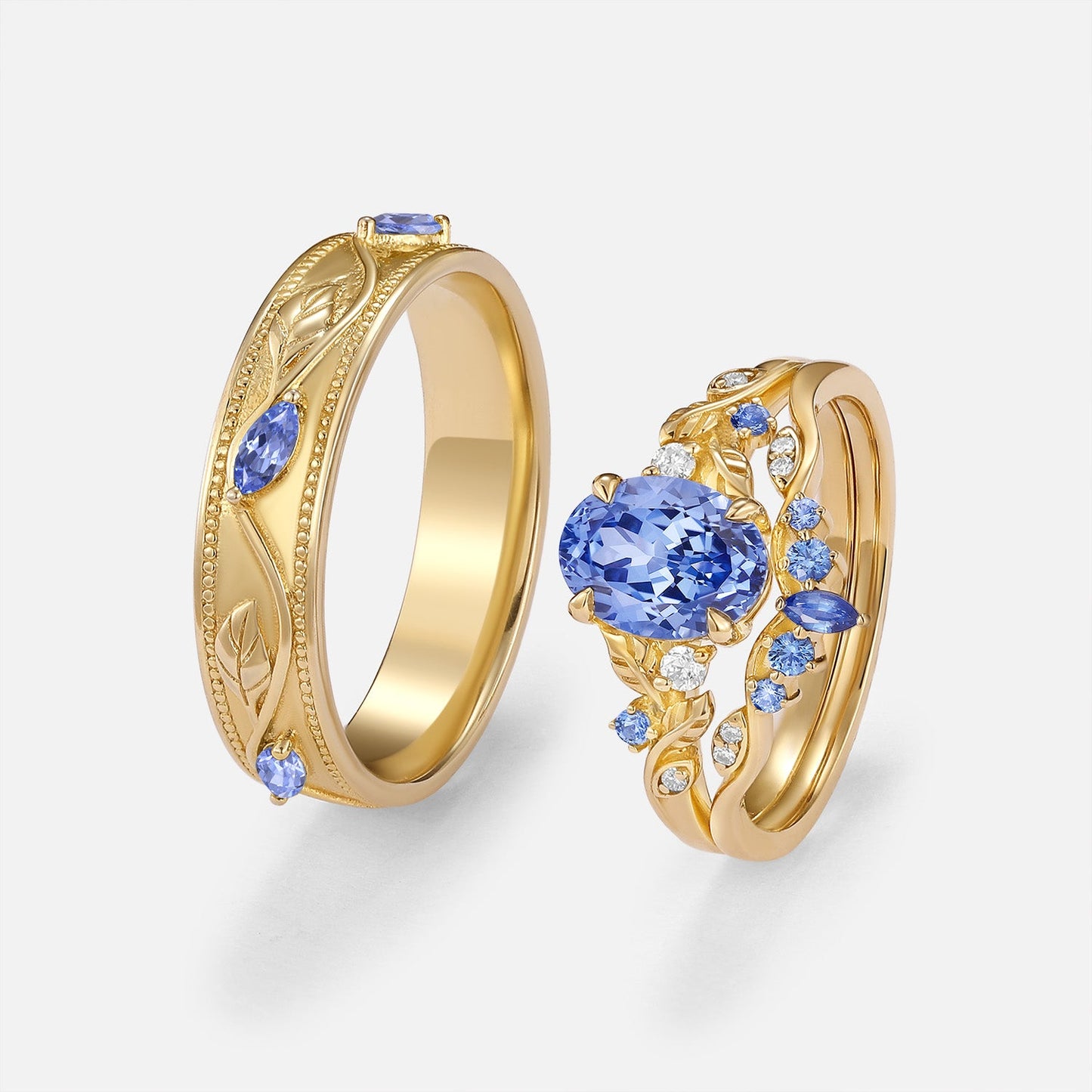 Oval Cut Lab Cornflower Sapphire & Lab Cornflower Sapphire Leafy Couple Ring Sets - Anouk