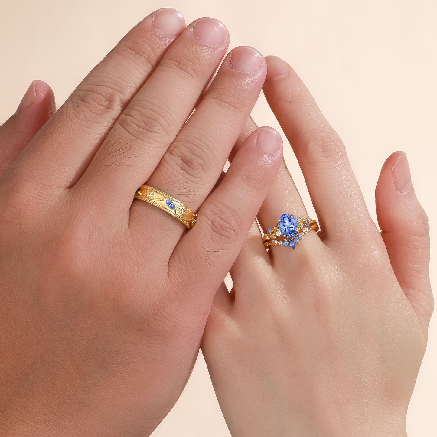 Oval Cut Lab Cornflower Sapphire & Lab Cornflower Sapphire Leafy Couple Ring Sets - Anouk