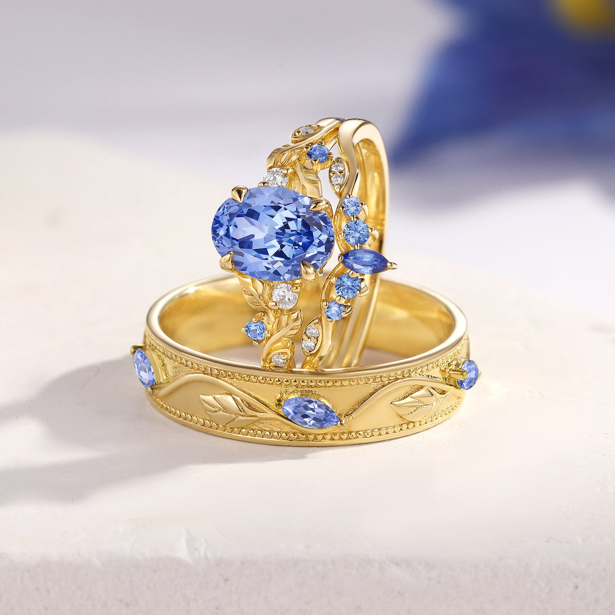 Oval Cut Lab Cornflower Sapphire & Lab Cornflower Sapphire Leafy Couple Ring Sets - Anouk