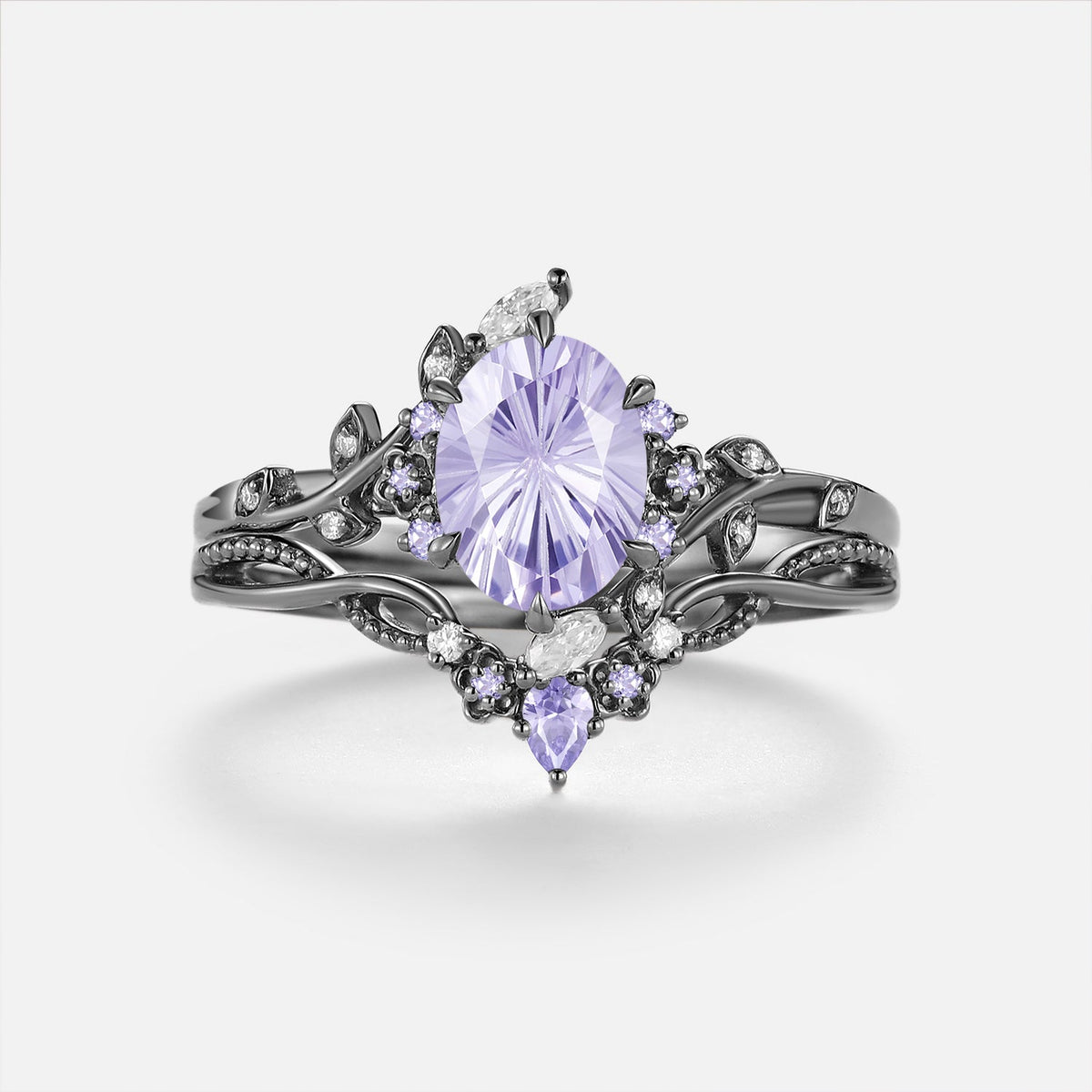 Firework Cut Oval Lab Lavender Sapphire & Moissanite Leaf Couple Ring Sets - Callista