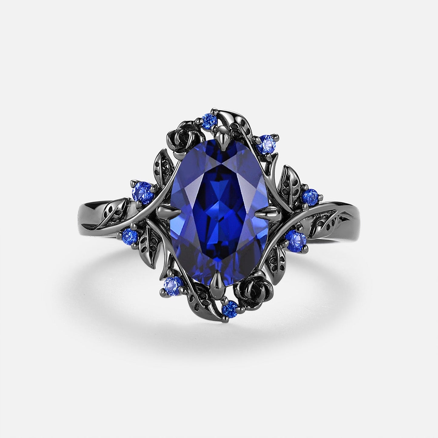Oval Cut Leafy Lab Blue Sapphire Engagement Ring - Nyx