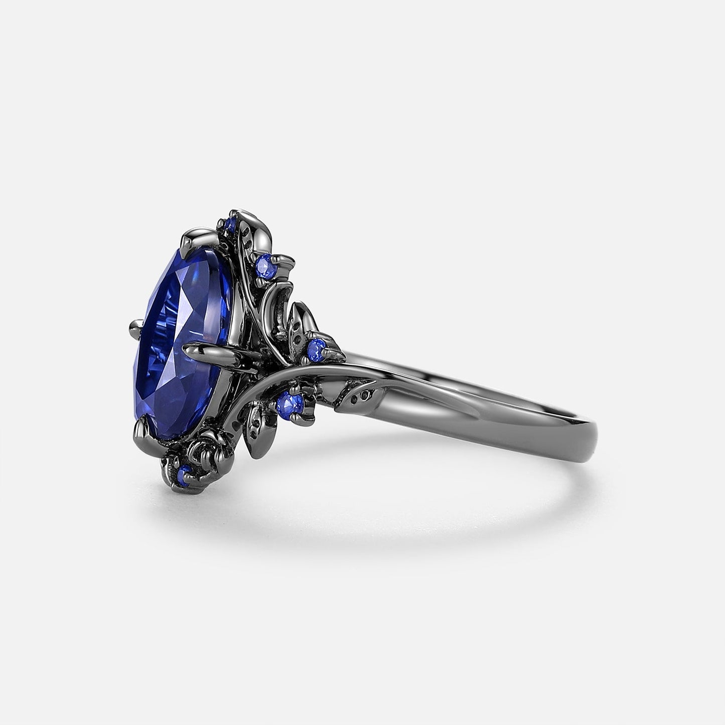 Oval Cut Leafy Lab Blue Sapphire Engagement Ring - Nyx