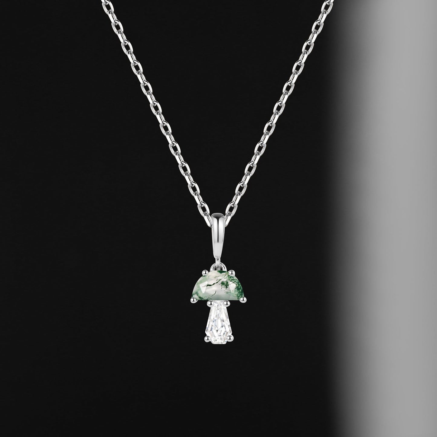 Tree of Life - Half Moon Moss Agate + Coffin Cut Moissanite Mushroom Necklace