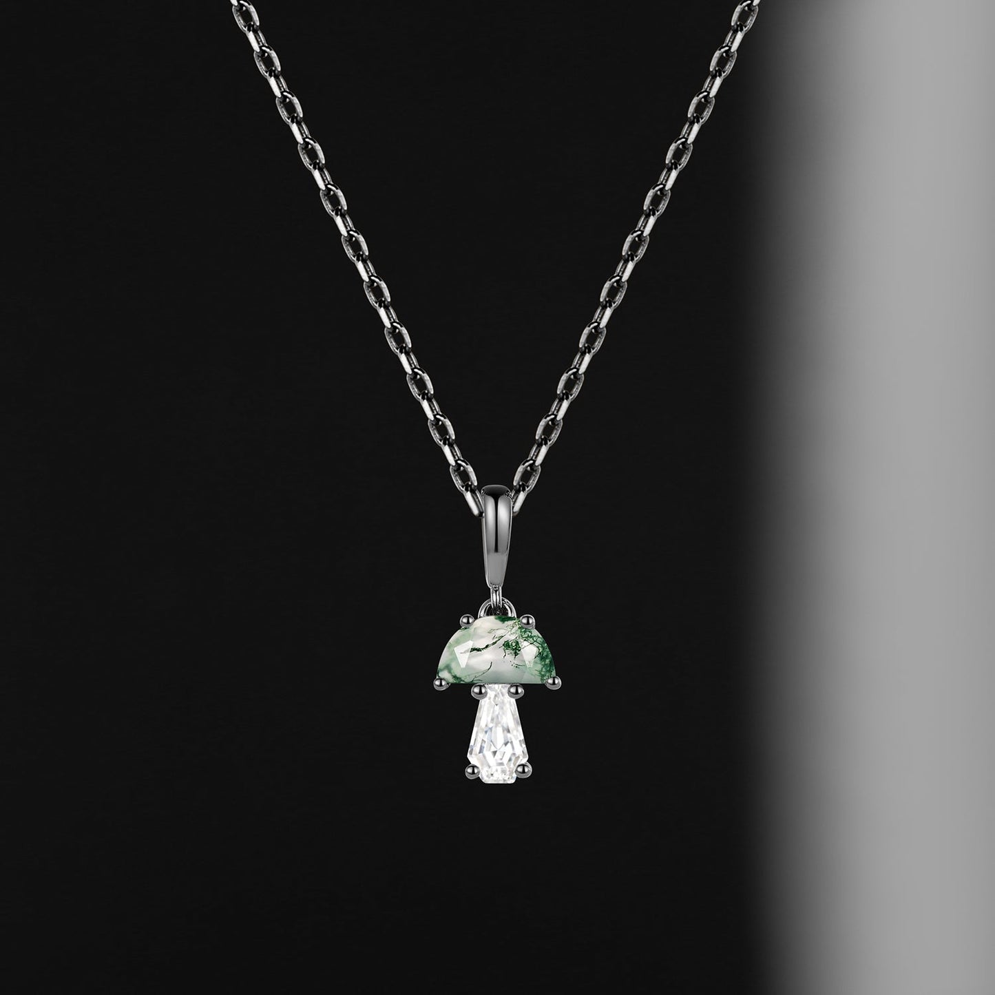 Tree of Life - Half Moon Moss Agate + Coffin Cut Moissanite Mushroom Necklace