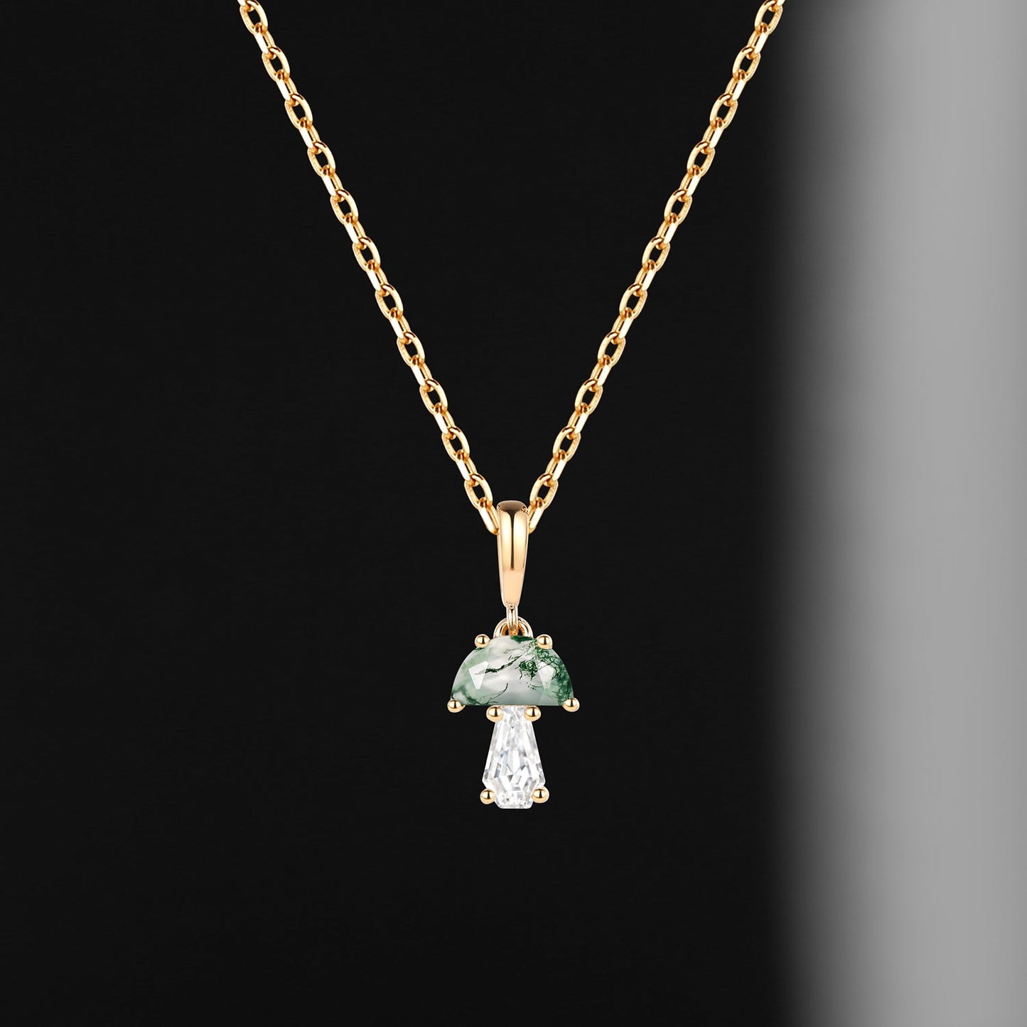 Tree of Life - Half Moon Moss Agate + Coffin Cut Moissanite Mushroom Necklace
