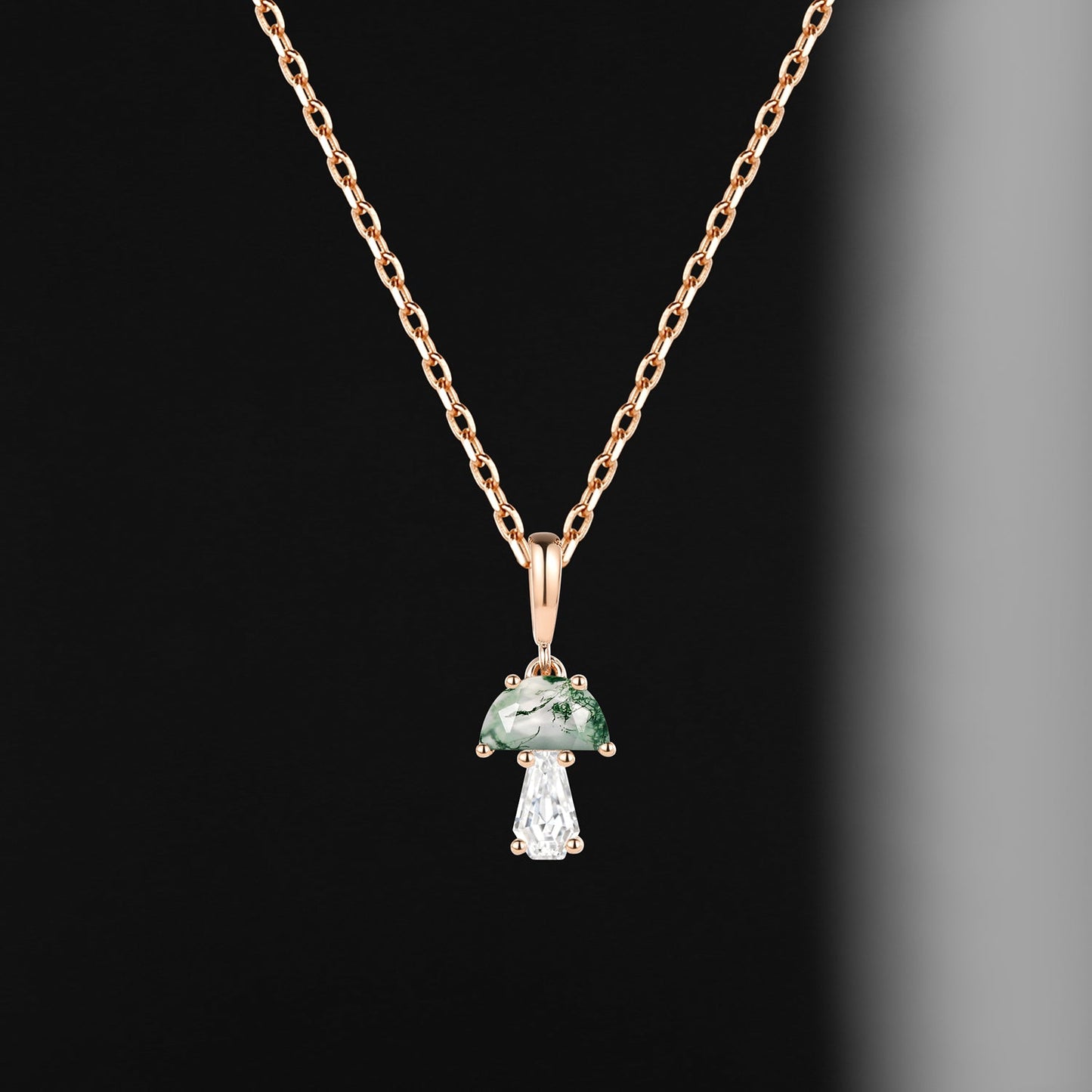 Tree of Life - Half Moon Moss Agate + Coffin Cut Moissanite Mushroom Necklace
