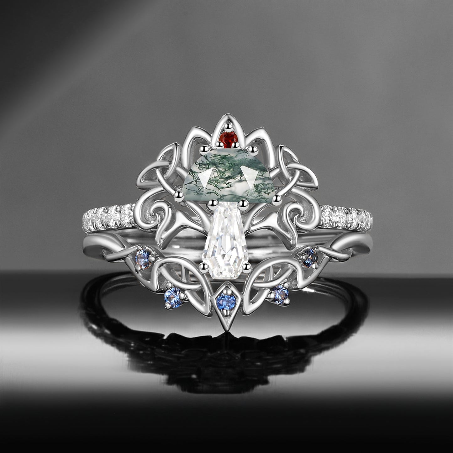 Tree of Life - Nature Inspired Maximalist Half Moon Moss Agate + Coffin Moissanite Mushroom Engagement Ring Set with Half Eternity Band