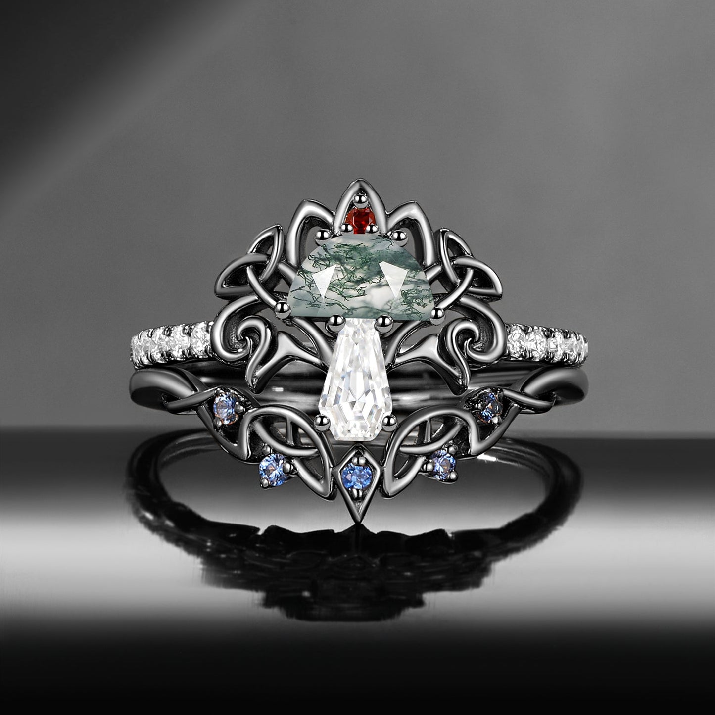 Tree of Life - Nature Inspired Maximalist Half Moon Moss Agate + Coffin Moissanite Mushroom Engagement Ring Set with Half Eternity Band