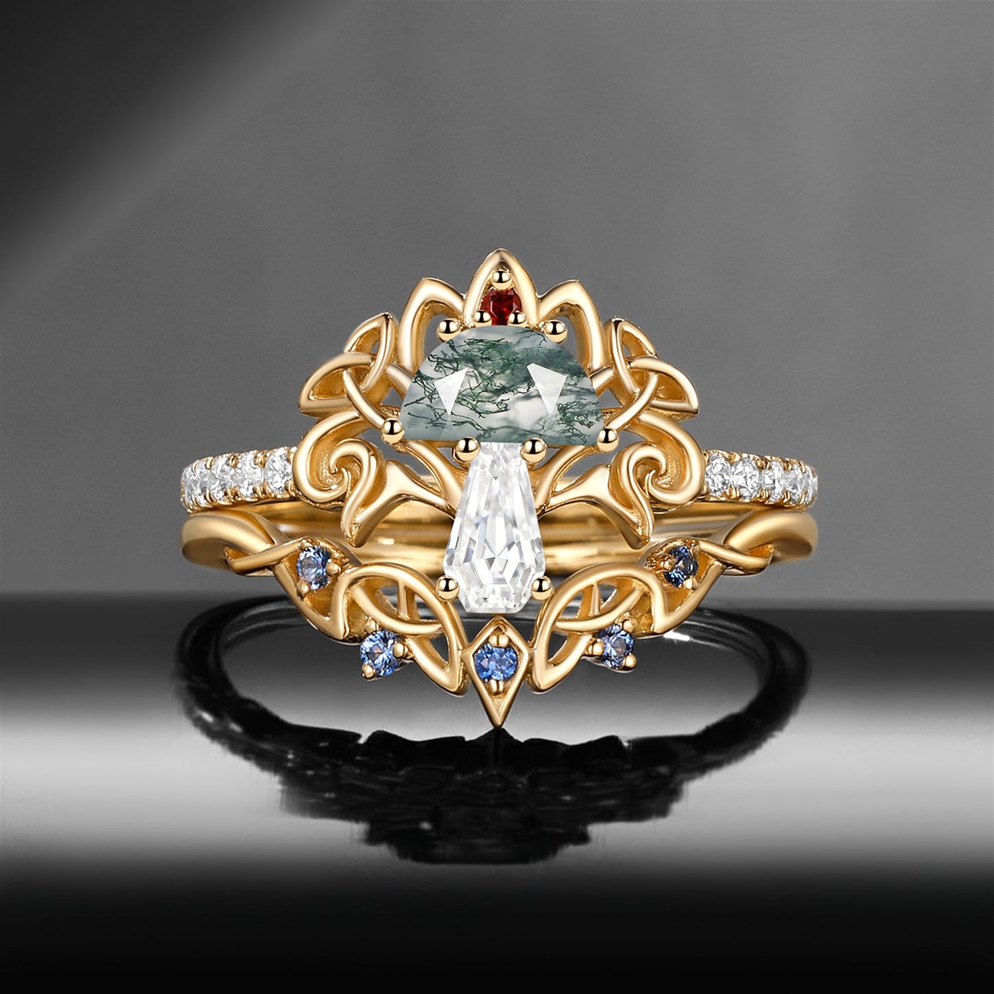 Tree of Life - Nature Inspired Maximalist Half Moon Moss Agate + Coffin Moissanite Mushroom Engagement Ring Set with Half Eternity Band
